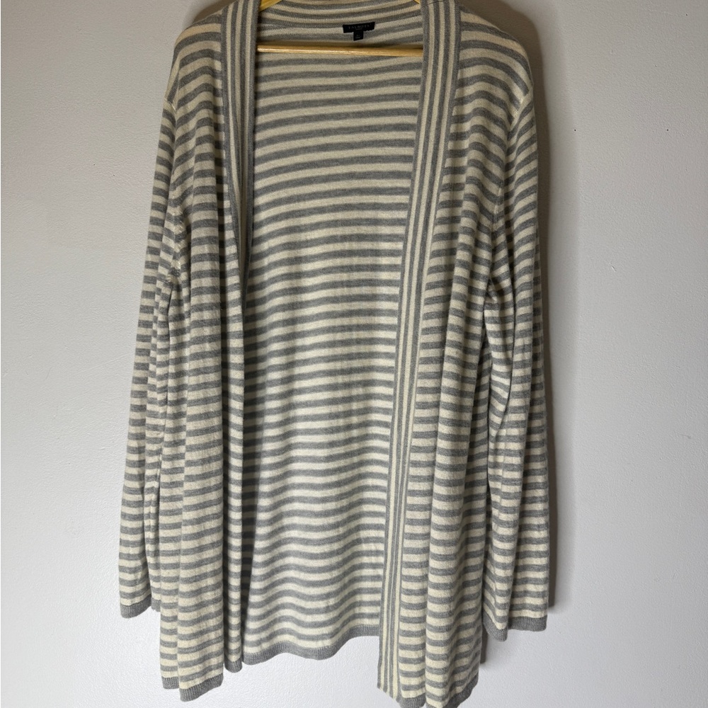 Talbots Gray Cream Stripe Lambswool Blend Open Cardigan Sweater 3XL‎